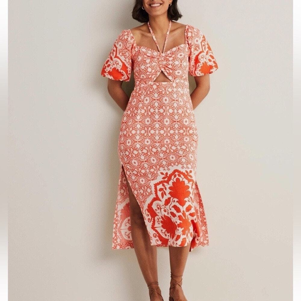 Boden Halter Neck Cutout Linen Column Dress Red White Mediterranean Size 4 New